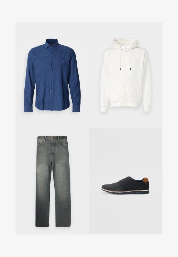 Bijela dukserica s patentnim zatvaračem izrađena od mekanog materijala, s prednjim džepom, špagama i rebrastim manžetama. Glatka tekstura s minimalnim dizajnom.; Plava košulja dugih rukava izrađena od teksturirane tkanine, s tradicionalnim ovratnikom, prednjim zatvaranjem na dugmad i suptilnom logotip izvezenom na prsima.; Jack & Jones JJIALEX JJCOOPER - Vrećaste traperice - black denim; Crne sintetičke cipele s teksturiranim gornjim dijelom, glatkim akcentima, smešnim petom i kontrastnom potplatom. Imaju minimalne vezice i detalje šivanja.