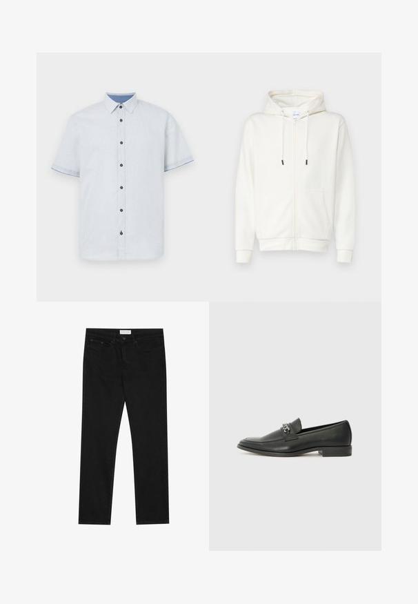 Balta kapuce ar rāvējslēdzēju, izgatavota no mīksta auduma, ar priekšējo kabatu, auklām un ribotām piedurknēm. Gluda tekstūra ar minimālu dizainu.; Gaišzila īsām piedurknēm pogājama krekla ar smalku rakstu, kas piedāvā kontrastējošu apkakli un tumšas pogas priekšpusē.; Melni taisnie džinsi ar piecu kabatu dizainu, pogu un rāvējslēdzēja aizdari, un Pier One zīmola uzlīmi uz jostasvietas.; Melna ādas loafer izmēra apavi ar gludu virsmu, piedāvā ar šūtu dizainu un dekoratīvu metāla ķēdes akcentu pār vampu. Plakana papēža daļa.