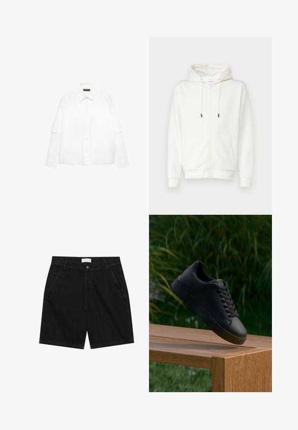 Bela zip-up leta iz mehkega materiala, ki ima sprednjo žeponko, vrvici in rebraste manšete. Gladka tekstura z minimalnim dizajnom.; Bela majica z dolgimi rokavi iz bombaža z gumbom na sprednji strani, ki ima klasičen ovratnik in prevelike rokave ter sproščen kroj.; Črne denim kratke hlače s klasičnim krojem, ki imajo dva sprednja žepa, zapiranje na gumb in oznako na pasu. Grob material.; Črne usnjene teniske s vezalkami se zdijo, da lebde nad leseno klopjo, v ozadju pa so zamegljene zelene trave in rastline.