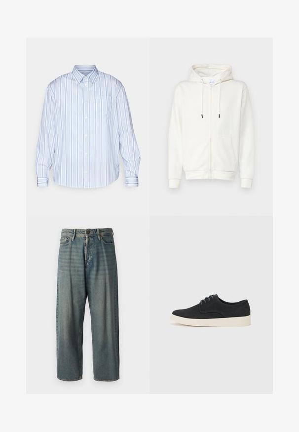 Fehér zippzáros kapucnis pulóver, puha anyagból készül, elülső zsebet, húzózsinórokat és bordás mandzsettákat tartalmaz. Sima textúrájú, minimalista dizájnnal.; Kék és fehér csíkozott, hosszú ujjú ing gombos gallérral, mellzsebbel és gombos záródással az elején és a mandzsettákon.; Világoskék farmernadrág, laza fazonnal, közepes derékbőséggel és egyenes szárral. Öt zsebet, övbucskát és gombos záródást tartalmaz.; Fekete velúr fűzős cipő lekerekített orral, könnyű krém színű talppal és finom kék varrásokkal a felsőrészen.