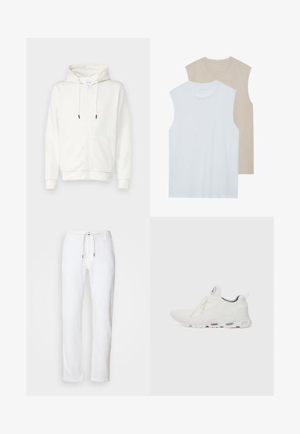 Weiße Zip-Hoodie aus weicher Stoff, mit einer Fronttasche, Kordeln und gerippten Bündchen. Glatter Textur mit minimalistischem Design.; Zwei ärmellose Shirts: eines in Weiß, das andere in hellem Beige. Beide haben einen Rundhalsausschnitt und sind aus weichem, glattem Stoff mit einer lässigen Passform.; Weiße Leinenhose mit lockerer Passform, verstellbarem Bund und feiner Textur. Sie hat gerade Beine und Metallspitzen an den Bindebändern.; Weiße Sportschuhe mit einem strukturierten Strickobermaterial, flachen Schnürsenkeln und einer gepolsterten Sohle mit sichtbaren Luftkammern für zusätzlichen Halt.