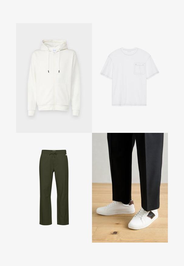 Biely zipsový mikina vyrobená z jemnej tkaniny, s prednou kapsou, šnúrkami a rebrovanými manžetami. Hladká textúra s minimalistickým dizajnom.; Biela bavlnená tričko s krátkymi rukávmi, okrúhlym výstrihom a náprsného vreckom. Obsahuje kontrastné švy pozdĺž okrajov.; Olívovo zelené nohavice s opaskom na zaviazanie, rovný strih nohavíc, mäkká textúra látky a jemná značková etiketa na prednej strane.; Biele tenisky s hladkým povrchom, s hnedými koženými akcentmi a čiernymi detailmi, spárované s čiernymi elegantnými nohavicami. Pozadím je drevená podlaha.