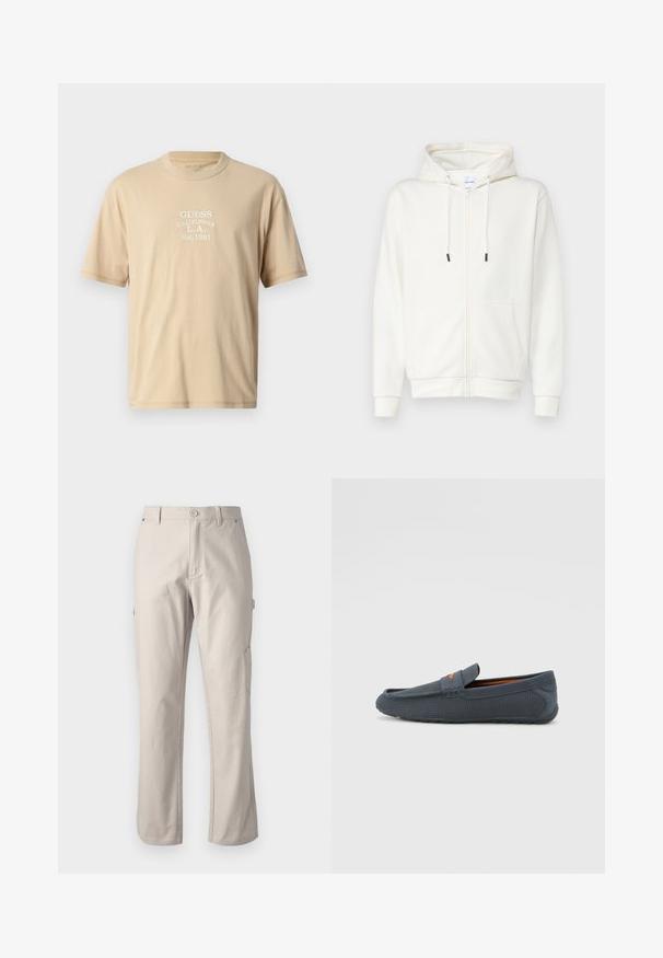 Balta kapuce ar rāvējslēdzēju, izgatavota no mīksta auduma, ar priekšējo kabatu, auklām un ribotām piedurknēm. Gluda tekstūra ar minimālu dizainu.; Beža kokvilnas t-krekls ar īsām piedurknēm, ar baltu izšūtu tekstu: "GUESS CALIFORNIA L.A. Est.1981" uz priekšpuses. Noapaļots kakla izgriezums.; Bežīgas kravas bikses, izgatavotas no izturīgas kokvilnas, ar taisnām kājām, priekšējo pogu aizdari un sānu kabatām praktiskai lietošanai. Gluda tekstūra ar smalku šuvumu.; Pelēki perforēti loafers ar iebūvētu dizainu, kas izceļas ar oranžu akcentu, noapaļotu purngalu un teksturētu gumijas zoli.