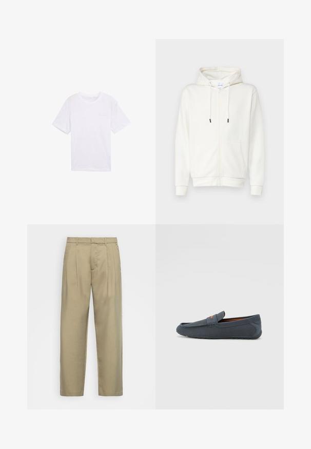 Hanorac alb cu fermoar, realizat dintr-un material moale, având un buzunar frontal, șnururi de ajustare și manșete aranjate. Textură netedă, cu un design minimalist.; Tricou alb din bumbac cu mâneci scurte, decolteu rotund și un mic logo subtil al brandului în zona stângă a pieptului. Design simplu.; Pantaloni bej, cu talie înaltă, cu croială dreaptă, având un front neted, buzunare laterale și un material neted, texturat.; Loaferi perforați gri, cu un design slip-on, având un accent portocaliu, vârful rotund și talpa din cauciuc texturat.