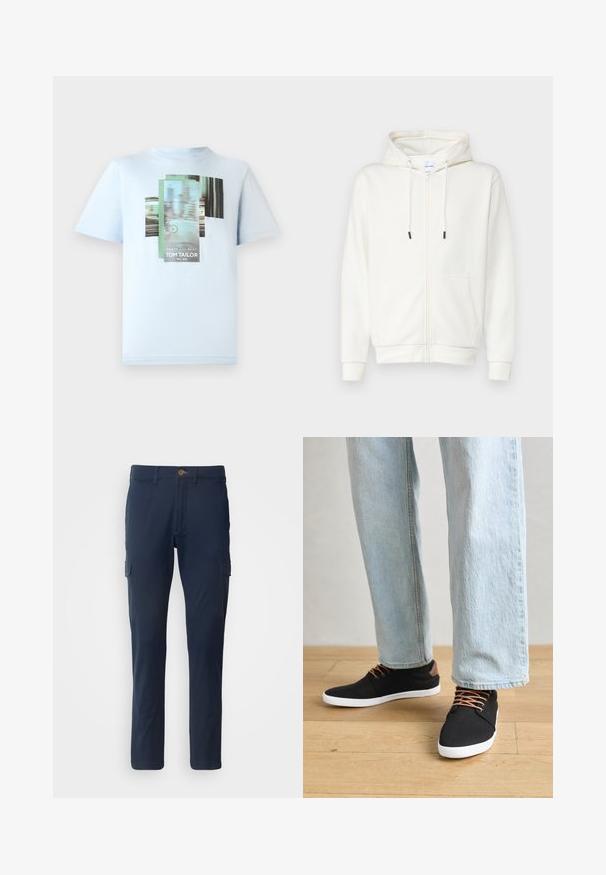 Balta kapuce ar rāvējslēdzēju, izgatavota no mīksta auduma, ar priekšējo kabatu, auklām un ribotām piedurknēm. Gluda tekstūra ar minimālu dizainu.; TOM TAILOR Apdrukāts T-krekls - light metal blue; Jūras kara flotes kravas bikses, izgatavotas no kokvilnas maisījuma auduma, ar divām sānu kabatām, ar rāvējslēdzēju un priekšējo pogu aizdari. Taisnas kājas dizains.; Melnas auduma čības ar brūniem akcentiem, baltām gumijas zolēm un brūnām šņorēm, kombinētas ar gaiši ziliem taisnajiem džinsiem. Koka grīdas fons.