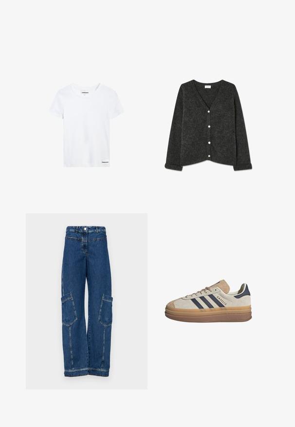 Donkergrijze gebreide cardigan met een V-hals, vijf knopen, geribde manchetten en zoom, zachte textuur en een ontspannen pasvorm.; Witte katoenen t-shirt met korte mouwen, een ronde halslijn en een klein zwart logo label aan de onderzijde links. Soepele textuur, standaard pasvorm.; Blauwe denim cargo broek met een hoge taille, wijde pijpen, twee grote zijzakken en traditionele klinknagel- en stikdetails.; Adidas Gazelle sneakers hebben een beige suède bovenwerk, marineblauwe strepen en een dikke doorschijnende rubberen zool. De tong is licht gep Paddingd.