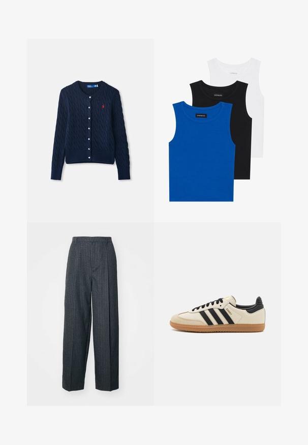 Cardigan de malha azul-marinho com design de ponto de cabo, gola redonda, fecho dianteiro com botões, bainha e punhos canelados, com um pequeno detalhe de logotipo vermelho.; Três camisetas sem mangas em azul, preto e branco. O tecido é canelado com um decote redondo. Cada camiseta tem uma etiqueta com a inscrição "even&odd."; Calças listradas em cinza escuro com um design de pernas largas, apresentando uma cintura, pregas laterais e uma textura suave.; Sapatilha atlética bege com riscas pretas, sola em borracha natural e detalhes pretos. Apresenta um cabedal em pele lisa e um design de bico arredondado.