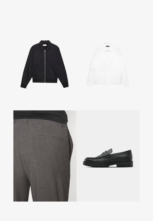 Zwarte ritssluiting jack met een kraag, twee voorkruiszakken, ribgebreide manchetten en een textuurstofafwerking. Eenvoudig en modern ontwerp.; Witte lange mouwen blouse van katoen met een knoopsluiting aan de voorkant, voorzien van een klassieke kraag en oversized mouwen met een relaxte pasvorm.; Grijze op maat gemaakte broeken met een gladde textuur, voorzien van een enkele achterzak en een slim fit ontwerp. De stof heeft een subtiel patroon.; Zwarte leren instappers met een ronde neus, voorzien van een gestikt ontwerp, een lage platformzool en een gestructureerde, grof rubberen buitenzool.