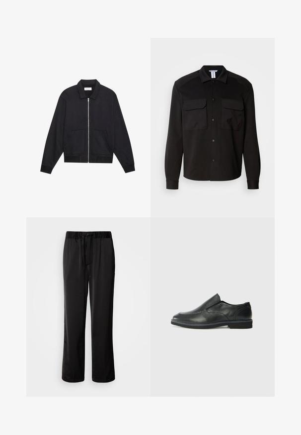 Jachetă neagră cu fermoar și guler, două buzunare frontale, manșete ribbate și un finisaj din țesătură texturată. Design simplu și modern.; Jachetă neagră dintr-un material fin, ușor. Include două buzunare pe piept, închidere cu nasturi și guler ascuțit. Mâneci lungi cu manșete.; Pantaloni negri, confortabili, cu talie elastică și șnur reglabil. Material neted, cu detalii pe laturi, fără buzunare.; Pantof de piele neagră, tip slip-on, cu un superior neted, accente cusute, vârf rotunjit și un toc jos din cauciuc. Talpa are un profil minim de aderență.