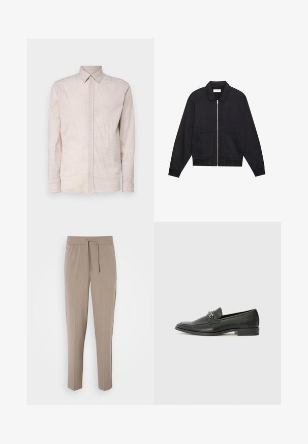 Giacca nera con zip, colletto, due tasche frontali, polsini a coste e una finitura del tessuto testurizzata. Design semplice e moderno.; Camicia a maniche lunghe color beige chiaro, con un motivo testurizzato, dotata di colletto e dettagli in bottone coordinati lungo tutta la parte anteriore.; Pantaloni beige chiaro con cintura elastica, cordoncino regolabile e gamba affusolata. Il tessuto appare liscio con una lieve lucentezza.; Mocassino in pelle nera con finitura liscia, caratterizzato da un design cucito e da un accento decorativo in catena metallica sul vamp. Tacco piatto.
