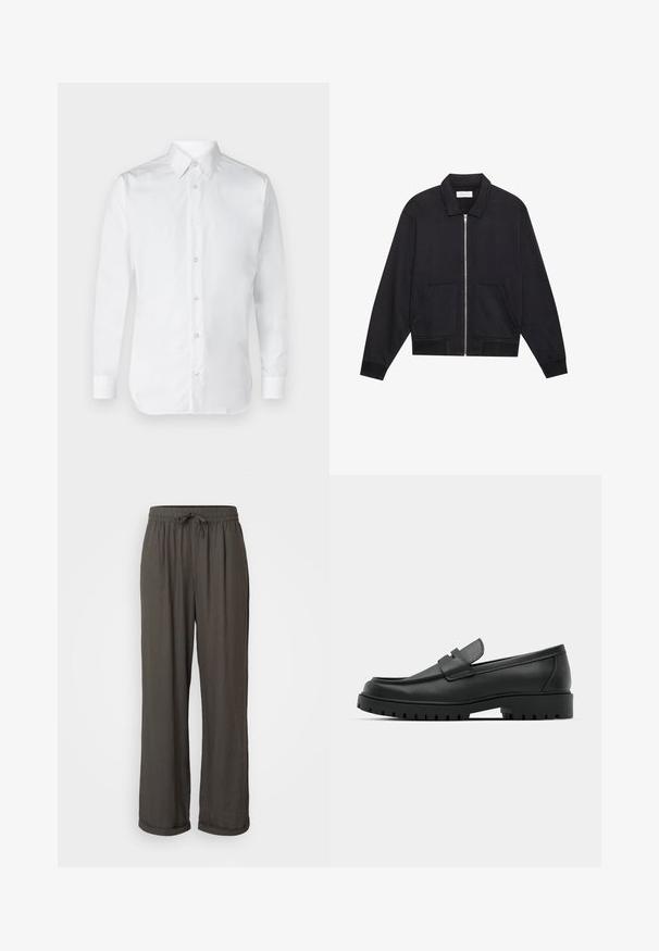 Chaqueta negra con cremallera y cuello, dos bolsillos frontales, puños acanalados y un acabado de tela texturizada. Diseño simple y moderno.; Camisa blanca de botones con mangas largas, hecha de tela de algodón suave, con cuello clásico y un brillo sutil. Cinco botones en la parte delantera.; Pantalones de pierna ancha en gris oscuro con cintura ajustable, hechos de una tela suave y texturizada, que cuentan con puños enrollados en los tobillos.; Mocasines de cuero negro con punta redonda, que cuentan con un diseño cosido, suela de plataforma baja y una suela de goma texturada y con tacos.