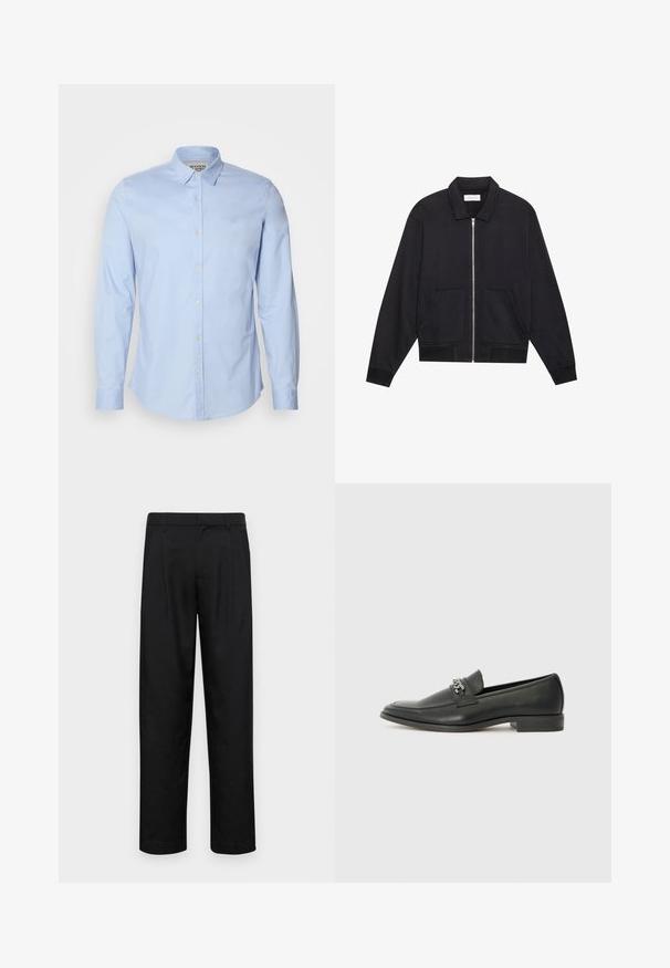 Veste noire zippée avec col, deux poches avant, poignets côtelés et finition en tissu texturé. Design simple et moderne.; Chemise à manches longues bleu clair en coton, dotée d'un col boutonné, de boutons sur le devant et d'un logo brodé subtilement sur la poitrine.; Pantalons noirs en tissu lisse, avec une coupe droite, deux plis avant et une taille standard avec passants de ceinture.; Mocassin en cuir noir avec une finition lisse, présentant un design cousu et une accent décoratif en chaîne métallique sur le rand. Talon plat.