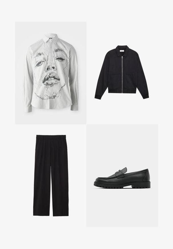 Jachetă neagră cu fermoar și guler, două buzunare frontale, manșete ribbate și un finisaj din țesătură texturată. Design simplu și modern.; Cămașă cu mâneci lungi stripedă, prezentând o ilustrație monocromă a feței pe față. Materialul este neted, cu un guler clasic și detalii cu nasturi.; Pantaloni negri largi, cu un front plisat, buzunare laterale și o textură de țesătură netedă. Concepuți pentru o croială relaxată.; Mocasini din piele neagră cu vârful rotunjit, având un design cusut, talpă joasă și o talpă din cauciuc texturat, cu crampoane.
