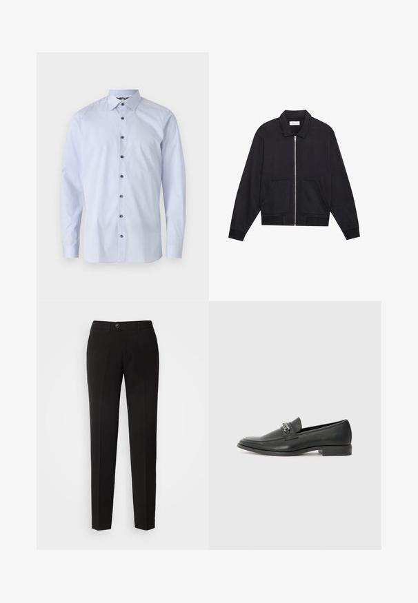 Giacca nera con zip, colletto, due tasche frontali, polsini a coste e una finitura del tessuto testurizzata. Design semplice e moderno.; Camicia a maniche lunghe di colore azzurro realizzata in cotone. Presenta un colletto a punta e sei bottoni scuri a contrasto sulla parte anteriore. Texture liscia.; Pantaloni neri a gamba dritta realizzati in tessuto liscio, con chiusura a bottone e tasche laterali dal design classico.; Mocassino in pelle nera con finitura liscia, caratterizzato da un design cucito e da un accento decorativo in catena metallica sul vamp. Tacco piatto.