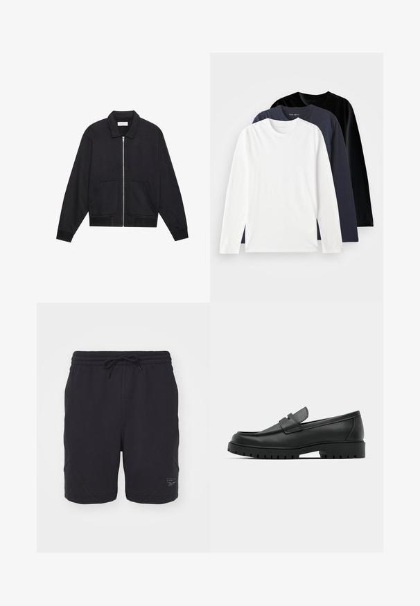 Juodas zip-up džemperis su apykakle, dviem priekinių kišenių, suspaustais rankogaliais ir tekstūruotu audinio paviršiumi. Paprastas ir modernus dizainas.; Trys ilgomis rankovėmis marškiniai, sukrauti vienas ant kito: vienas baltas, vienas tamsiai mėlynas ir vienas juodas. Pagaminti iš lygaus medvilnės, turi apvalius kaklus ir šoninius plyšius.; Juodos sportinės šortai su raišteliu elastinga juosmens juosta, turintys plokščias siūles ir subtilų iškilų logotipą apatinėje pusėje.; Juodi odiniai loaferiai su apvalia nosimi, su siuvinėtu dizainu, žemu platformos padu ir tekstūruotu, sukibimo raštu padu.