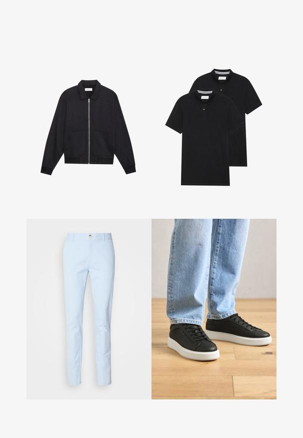 Čierna bunda na zips s golierom, dvoma prednými vreckami, rebrovanými manžetami a textúrovaným povrchom. Jednoduchý a moderný dizajn.; Dvé čierne polo tričká, krátke rukávy, vyrobené z bavlny, s klasickým golierom, dvojitým gombíkom a bielymi pruhmi vo vnútri goliera.; Svetlomodré bavlnené chinos nohavice so slim fit strihom, so zipsom, jedným gombíkom a prednými vreckami. Hladká textura a minimalistický dizajn.; Osoba v bledomodrých džínsach a čiernych teniskách s texturovaným vzorom a bielymi podošvami, stojaca na svetlej drevenej podlahe.