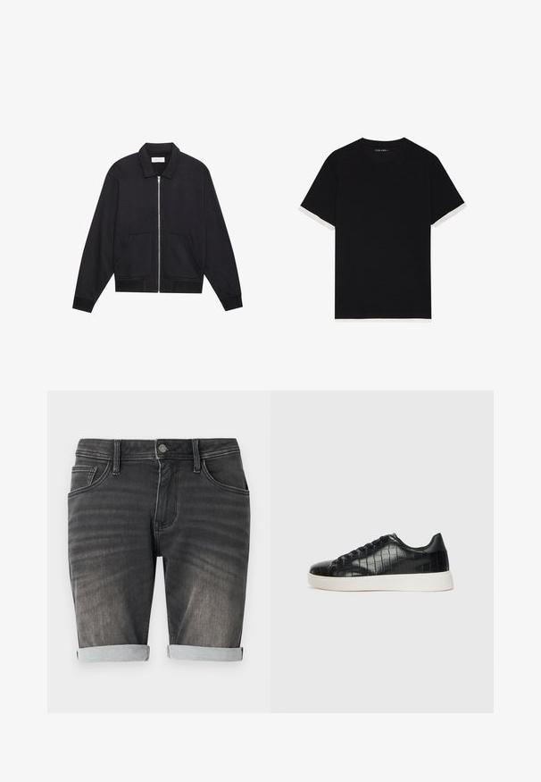 Casaco preto com fecho zip, colarinho, dois bolsos frontais, punhos canelados e um acabamento de tecido texturado. Design simples e moderno.; T-shirt preto de manga curta com um tecido texturizado, apresentando detalhes brancos nas mangas. Decote arredondado, ajuste descontraído.; Shorts de ganga cinza com bainha dobrada, apresentando um design de cinco bolsos, fecho de botão e ligeira descoloração ao longo do tecido.; Tênis pretos com cabedal em couro texturizado com relevo de crocodilo, bico arredondado e sola de borracha branca em contraste, com acabamento suave.