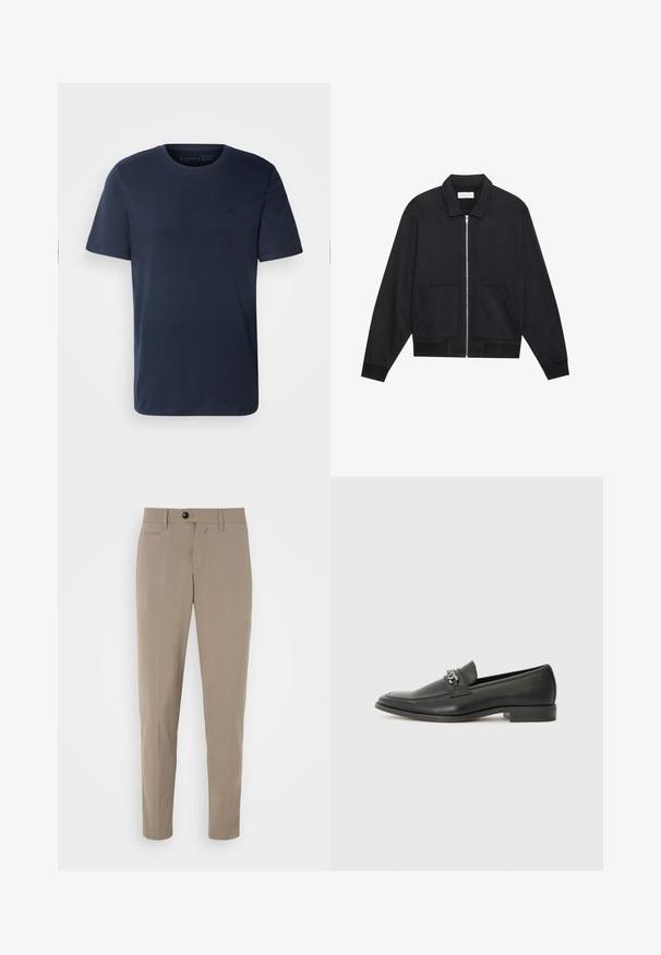 Sort lynlåsjakke med krave, to frontlommer, ribbede manchetter og en struktureret stoffinish. Enkel og moderne design.; Marineblå bomulds t-shirt med korte ærmer, rund hals og et lille broderet logo på brystet. Glat stof, normal pasform.; Beige skræddersyede bukser med slim fit, lynlås og en frontlomme. Lavet af et glat stof med et skarpt udseende.; Sorte læder loafers med en glat finish, der har et syet design og et dekorativt metal kædeaccent hen over vamps. Flad hæl.