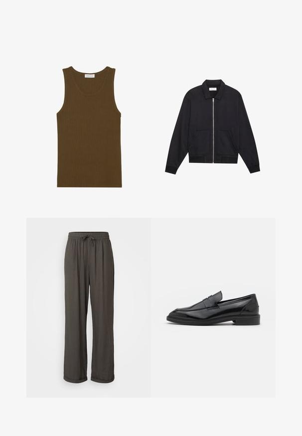 Čierna bunda na zips s golierom, dvoma prednými vreckami, rebrovanými manžetami a textúrovaným povrchom. Jednoduchý a moderný dizajn.; Prúžkovaný tielko v tmavej olivovej farbe, s okrúhlym výstrihom a bezrukávovým dizajnom, so zaoblenými okrajmi a jemnou textúrou.; Tmavošedé nohavice s voľným strihom a šnúrkou v páse, vyrobené z mäkkej, textúrovanej tkaniny, s rolovanými manžetami na členkoch.; Čierne kožené loaferky s hladkým povrchom, s okrúhlou špičkou a úzkym pásom cez vrch. Nízky vrstvený podpätok.