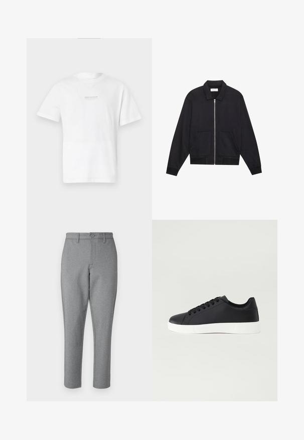 Sort lynlåsjakke med krave, to frontlommer, ribbede manchetter og en struktureret stoffinish. Enkel og moderne design.; Hvid bomulds t-shirt med korte ærmer, rund hals og et simpelt trykt logo på fronten. Glat tekstur og standard pasform.; Grå skræddersyede bukser med en subtil tekstur, lige pasform og frontlås med knap. Har bæltestropper og sidelommer.; Pier One Sneakers - black