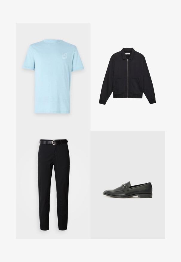 Črna zip-up jakna s ovratnikom, dvema sprednjima žepoma, rebrastimi manšetami in teksturirano površino. Preprost in sodoben dizajn.; Svijetloplavi pamučni majica s okruglim izrezom i kratkim rukavima, s malim bijelim logotipom u gornjem lijevom kutu. Minimalistički dizajn.; Črne hlače ravnega kroja, z gladko teksturo in črnim usnjenim pasom s srebrno spono. Preprost dizajn, brez vzorcev ali poudarkov.; Črni usnjeni loafer z gladko površino, ki ima šivano zasnovo in dekorativni kovinski verižni naglas preko vampirja. Ravno peto.