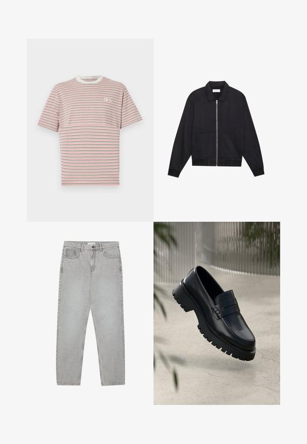 Svart zip-up jakke med krage, to frontlommer, ribbestrikkede ermer og en teksturert stofffinish. Enkel og moderne design.; Stripet t-skjorte med horisontale linjer i rosa, marineblå og hvit. Ribbet rund hals og en liten logo på brystet. Laget av bomull.; Lys grå denimbukser med rett ben-design, fem lommer og knappelukking. Synlig søm langs sømmene.; Sorte lærloafere med en kraftig såle, som har en dekorativ rem og sømdetaljering. Glatt tekstur med en polert overflate.