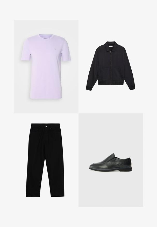 Czarna kurtka zapinana na zamek z kołnierzem, dwoma przednimi kieszeniami, ściągaczami na rękawach i teksturowanym wykończeniem materiału. Prosty i nowoczesny design.; Jasnofioletowa bawełniana koszulka z krótkim rękawem, okrągłym dekoltem i małym, haftowanym logo na lewej piersi. Miękka tekstura, prosty design.; Czarne spodnie dżinsowe w klasycznym kroju prostym, z pięcioma kieszeniami i zapięciem na guzik z przodu. Gładka tekstura z minimalnymi detalami szwy.; Czarne skórzane buty wsuwane z gładką cholewką, przeszyciami, okrągłym noskiem i niskim gumowym obcasem. Podeszwa ma minimalny bieżnik.