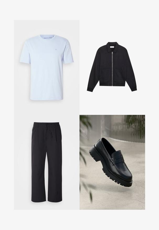 Black zip-up jacket with a collar, two front pockets, ribbed cuffs, and a textured fabric finish. Simple and modern design.; Light blue short-sleeved T-shirt made of cotton, featuring a crew neckline and small embroidered logo on the chest. Smooth texture.; Wide-leg pants in textured black fabric with a drawstring waistband, featuring two front pockets and a straight cut design.; Black leather loafers with a chunky tread sole, featuring a decorative strap and stitching detail. Smooth texture with a polished finish.