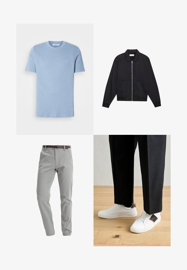 Black zip-up jacket with a collar, two front pockets, ribbed cuffs, and a textured fabric finish. Simple and modern design.; Light blue cotton t-shirt, short sleeves, crew neck, subtle logo on the front, smooth texture, regular fit.; Light grey pants made of soft fabric, featuring a straight-leg design, front pockets, and a brown leather belt for fastening.; White sneakers with smooth texture, featuring brown leather accents and black detailing, paired with black tailored pants. Wooden floor background.