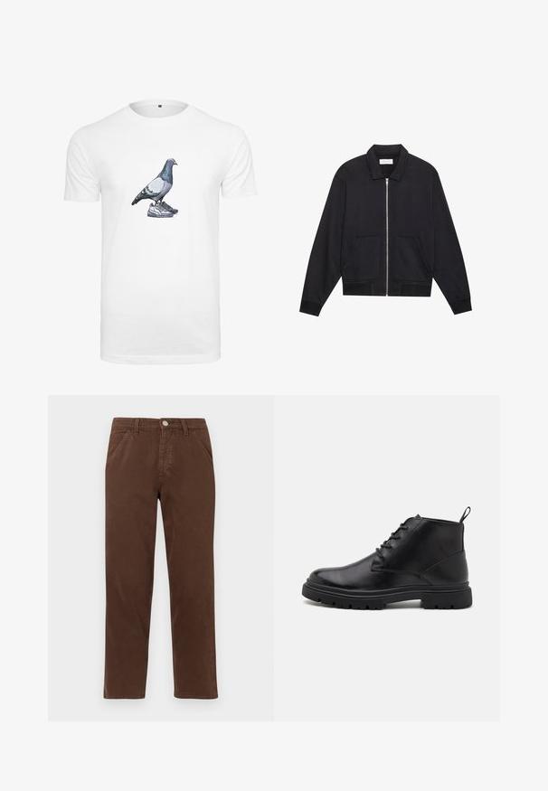 Svart zip-up jacka med krage, två framfickor, ribbade muddar och en strukturerad tygfinish. Enkel och modern design.; Vit bomullströja med en grafik av en duva som står på ett par sneakers, med detaljerad färgning och skuggning på fågeln.; Bruna bomullbyxor med rak ben, framfickor och metallknappstängning. Har en slät textur och minimalistisk design.; Svarta läderankelstövlar med snörning fram, texturerad sula och dragflik. Rundad tå och en hållbar, halkfrämjande gummisula.