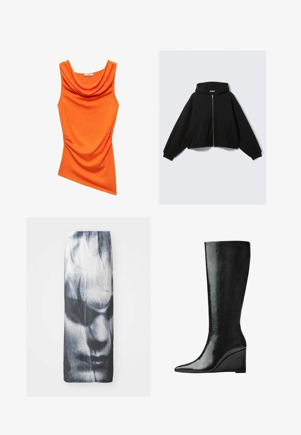 Black hooded sweatshirt with a zip front, oversized fit, dropped shoulders, and two side pockets. Soft fabric with ribbed cuffs and hem.; Orange sleeveless top with a cowl neckline, featuring ruching on one side and a smooth, stretchy fabric. Asymmetrical hem design.; Black and white long skirt featuring a graphic print of a face, with a smooth texture and a fitted silhouette.; Knee-high black leather boots with a sleek, pointed toe and a wedge heel. The surface is smooth with a glossy finish.