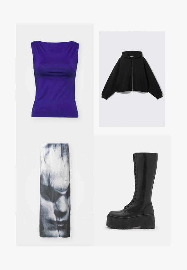 Sort hættetrøje med lynlås foran, oversize pasform, sænkede skuldre og to sidelommer. Blødt stof med ribstrikkede skuldre og kant.; Lilla ærmeløs top i et glat, strækbart materiale. Har en tætsiddende form med blid drapering ved halsudskæringen og siden.; Sort og hvid lang nederdel med et grafisk print af et ansigt, med en glat tekstur og en tætsiddende silhuet.; Zign LEATHER - Snørestøvler - black