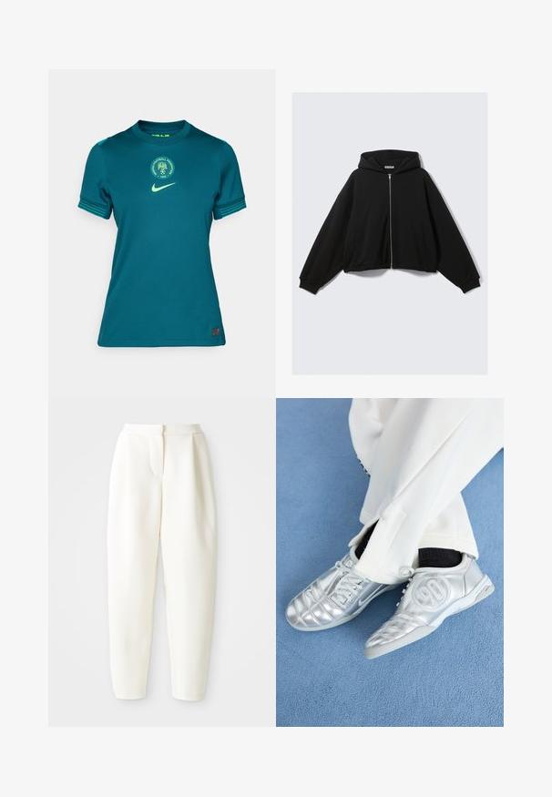 Melns pelēkā džemperis ar kapuci, priekšpusē ar rāvējslēdzēju, pārizmēra piegriezums, nolaisti pleci un divas sānu kabatas. Mīksts audums ar ribām aprocēs un apakšmalā.; Tirkīza Nike futbola krekls ar apaļu kakla izgriezumu, īsām piedurknēm, zaļiem akcentiem un apaļu Nigērijas Futbola Federācijas logo.; Augstas jostas līnijas, sašaurināti balti bikses ar slēptu priekšējo aizdari un sānu kabatām, attēloti uz vienkrāsaina balta fona.; Sudraba sporta apavi ar gludu, spīdīgu apdari, ar šūtu dizainu un numuru 90 sānos, apvienoti ar baltām biksēm.