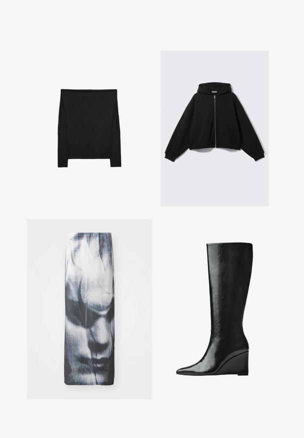 Črna kapucar s sprednjim zadrgo, ohlapnim krojem, spuščenimi rameni in dvema stranskima žepoma. Mehka tkanina z rebrastimi zapestnicami in robom.; Črn dolg ročaj s sproščenim krojem, izdelan iz mehke tkanine. Ima off-shoulder design in stranske razpoke za lažje gibanje.; Dolga krila v črno-belem, z grafičnim tiskom obraza, gladke teksture in oprijetim silhueto.; Črne usnjene škornje do kolen s sleek, koničastim nosom in klinastim peto. Površina je gladka z sijočim slojem.