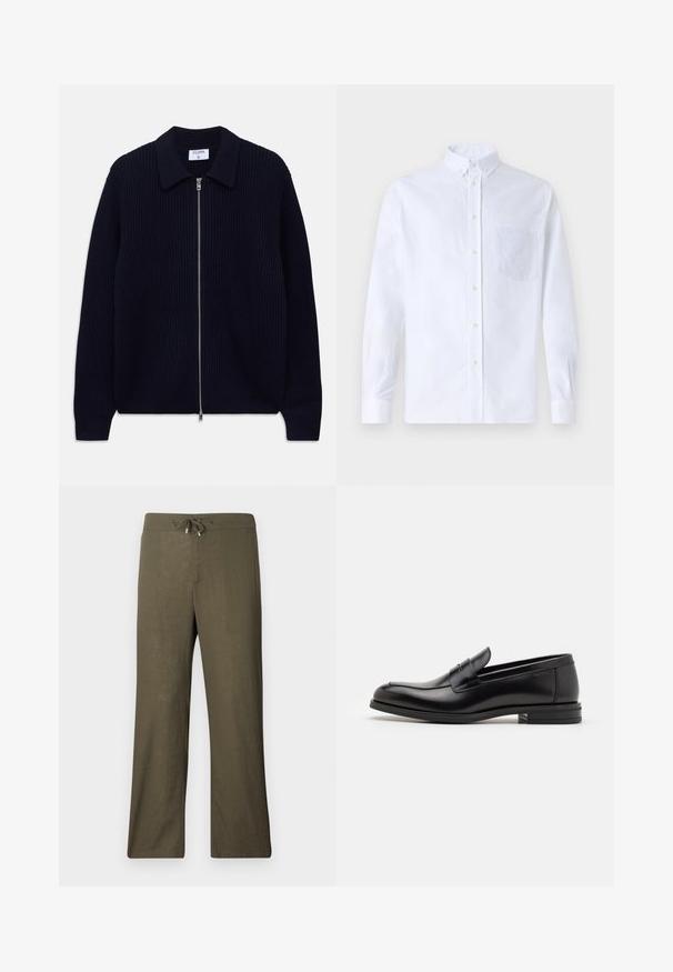 Tamsiai mėlynas glotnus megztinis su užtrauktuku, apykakle ir ilgomis rankovėmis, išdėstytas ant balto fono.; Balta ilga rankovė mygtukų marškiniai, pagaminti iš medvilnės, su krūtine kišene ir toniniu siuvinėjimu, apykakle ir mygtukų apvadu.; Laisvai krentantys alyvuogių žalios flax medžiagos kelnes su raišteliu liemenyje ir plačiomis kojomis. Lygus paviršius, minimalistinis dizainas, be matomų raštų ar akcentų.; Juodos odinės loafers, turinčios lygų paviršių, apvalią noselę ir dekoratyvinę juostą per priekinę dalį. Žemas krentantis kulnas, minimalistinis dizainas.