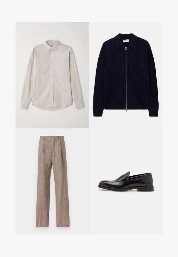 Cardigan zip-up a coste blu navy con colletto e maniche lunghe, steso su uno sfondo bianco.; Camicia beige chiaro a maniche lunghe realizzata in tessuto morbido. Presenta un colletto button-down e una chiusura frontale con bottoni, con un orlo curvo.; Pantaloni marroni a vita alta realizzati in tessuto testurizzato. Presentano gambe ampie e due pieghe frontali per struttura. Rifinitura curata senza hardware visibile.; Mocassini neri in pelle con una texture liscia, punta arrotondata e una striscia decorativa sulla tomaia. Tacco basso impilato, design minimalista.