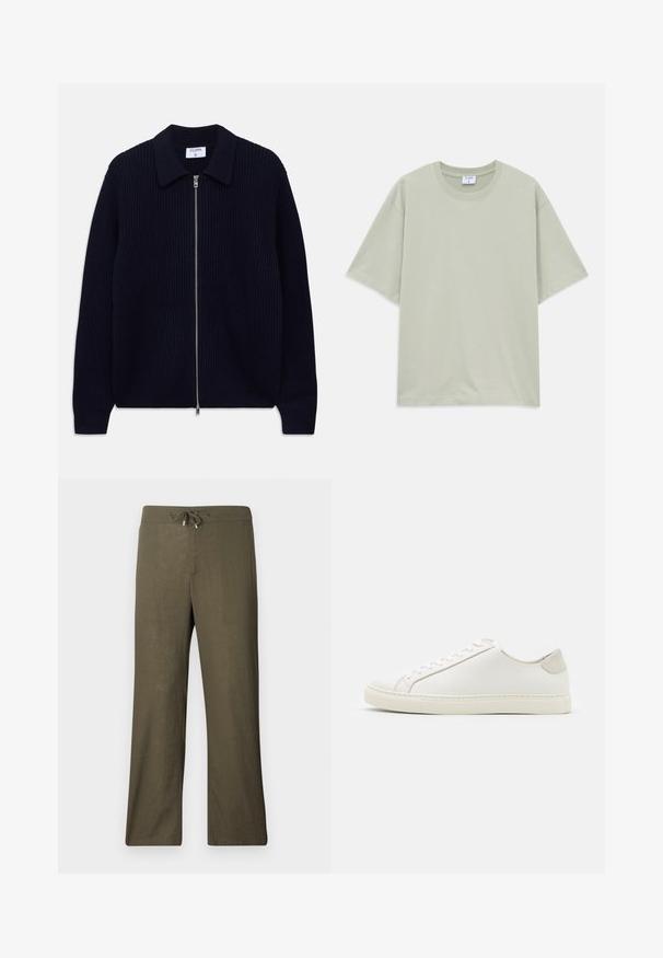 Cardigan zip-up a coste blu navy con colletto e maniche lunghe, steso su uno sfondo bianco.; T-shirt in cotone a maniche corte, verde chiaro e dal taglio morbido, con scollatura rotonda, adagiato su uno sfondo bianco.; Pantaloni in lino verde oliva a baggy, con vita regolabile e gamba larga. Texture liscia, design minimalista, senza motivi o dettagli visibili.; Sneaker bianca in pelle con superficie liscia, punta rotonda e design minimalista. Presenta dettagli beige sul tallone e una suola in gomma.