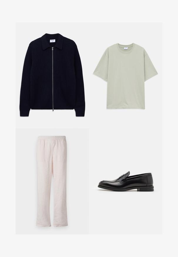 Námořnická modrá žebrovaná pletená mikina na zip s límcem a dlouhými rukávy, rozložená na bílém pozadí.; Světle zelené volné tričko s krátkým rukávem z bavlny s kulatým výstřihem, položené na bílé ploše.; Světle růžové lněné kalhoty s elastickým pasem, rovného střihu a jemným, texturovaným povrchem. Žádné viditelné vzory nebo akcenty.; Černé kožené polobotky s hladkou texturou, zaoblenou špičkou a zdobným páskem přes nárt. Nízký stohovaný podpatek, minimalistický design.