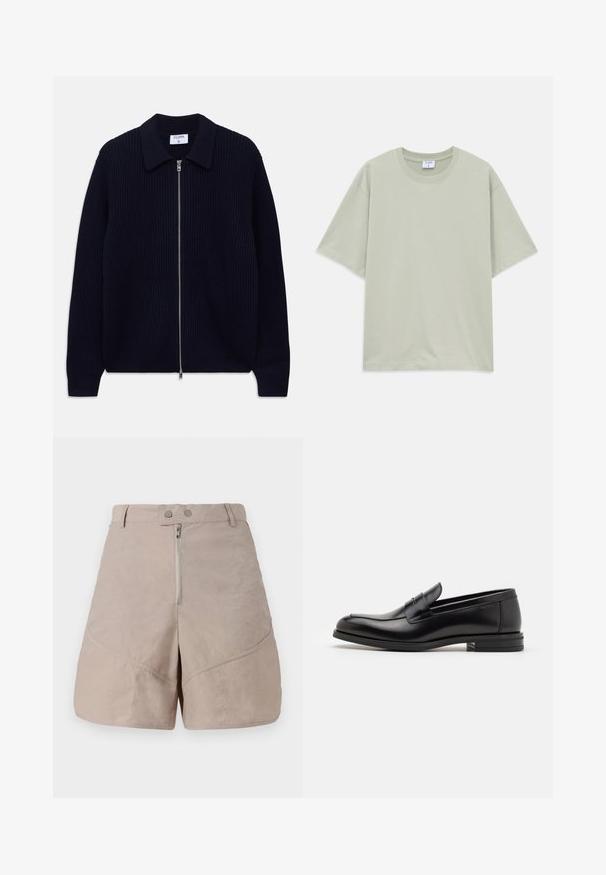 Granatowy kardigan z prążkowanego dzianiny, zapinany na zamek, z kołnierzem i długimi rękawami, leżący płasko na białym tle.; Jasnozielona, luźna bawełniana koszulka z krótkim rękawem i okrągłym dekoltem, leżąca na białym tle.; Beżowe szorty z gładkiego, teksturowanego materiału. Posiadają zamek błyskawiczny z przodu, dwa zapięcia na guziki oraz ukośne przeszycia.; Czarne skórzane mokasyny o gładkiej fakturze, zaokrąglonym nosku i dekoracyjnym pasku na przodzie. Niski, warstwowy obcas, minimalistyczny design.