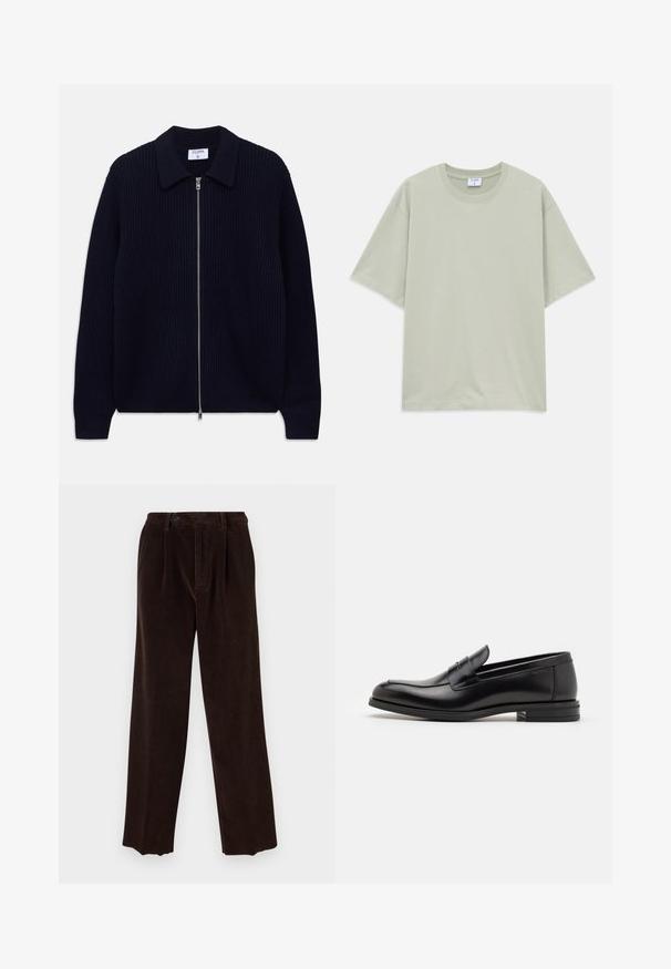 Navy blue ribbed knit zip-up cardigan with collar and long sleeves, laid flat on a white background.; Light green loose-fit short-sleeve cotton T-shirt with round neckline, laid flat on white background.; Brown corduroy trousers with a wide-leg design, featuring front pleats, a button closure, and textured vertical lines.; Black leather loafers with a smooth texture, rounded toe, and a decorative strap across the vamp. Low stacked heel, minimalist design.