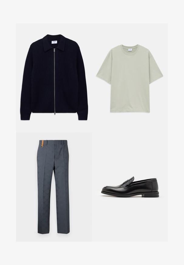 Mørkeblå, ribbet strikket zip-up cardigan med krave og lange ærmer, lagt fladt på en hvid baggrund.; Lyst grøn løs pasform kortærmet bomulds T-shirt med rund halsudskæring, lagt fladt på hvid baggrund.; Grå mønstrede bukser med en glat tekstur, der har flad-front og et brunt læderdetalje på linningen. Skræddersyet pasform med lige ben.; Sorte læderloafers med en glat overflade, rund tå og en dekorativ strop over vampen. Lav hæl med stabeldesign, minimalistisk stil.
