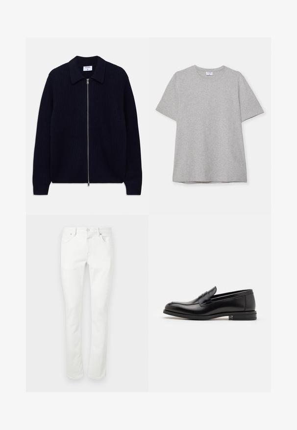 Tumedat sinise ribaga kootud tõmblukkidega sviiter krae ja pikkade varrukatega, asetatud lapikuks valgele taustale.; Hallhargist lühikeste varrukatega T-särk pehmest, tekstuuriga kangast. Omab klassikalist ümarat kaelust ja sirget allääret, sobides igapäevaseks kandmiseks.; Valged denim püksid sirge lõikega, viie tasku disain ja metallist nööbi kinnitamine. Sile tekstuur ja minimaalsed õmbluse detailid.; Mustad mustad nahast loafers sileda tekstuuriga, ümarat ninaosa ja dekoratiivne riba vampi üle. Madal kihiline konts, minimalistlik disain.