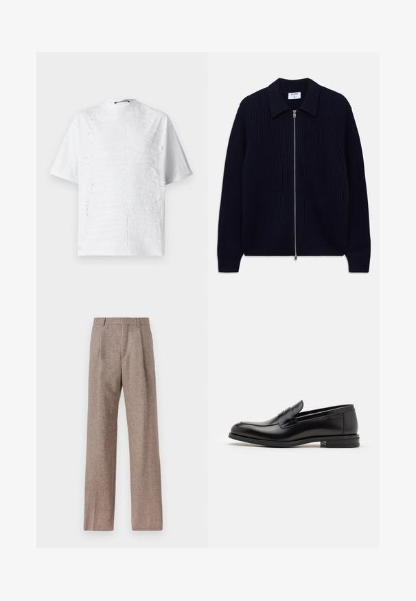 Marineblauwe geribbelde gebreide ritscardigan met kraag en lange mouwen, plat gelegd op een witte achtergrond.; Witte katoenen T-shirt met een textuurontwerp dat lijkt op horizontale lijnen aan de voorkant, met een hoge halslijn en korte mouwen.; Bruine, hooggewaisted broeken van een gestructureerde stof. Heeft wijde benen en twee voorplooien voor extra structuur. Net afgewerkt zonder zichtbare hardware.; Zwarte leren instappers met een gladde textuur, ronde neus en een decoratieve band over de wreef. Lage, gestapelde hak en minimalistisch ontwerp.