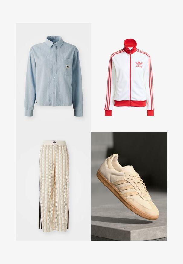 White track jacket with red accents, full zip, high collar, three red stripes on sleeves, and embroidered red Adidas logo on the chest.; Light blue, long-sleeve button-up shirt with a textured pattern, a chest pocket, and a branded label on the pocket. Made from woven fabric.; Cream-colored wide-leg pants with a zigzag pattern, featuring a black logo waistband and side black stripes. Lightweight, textured fabric.; Light beige suede sneaker with gum outsole, three diagonal stripes, and a textured toe cap. Features logo on the tongue and side.