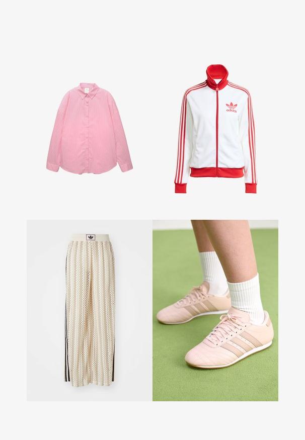 Bijela sportska jakna s crvenim detaljima, puna zatvarač, visoki ovratnik, tri crvene pruge na rukavima i vezeni crveni Adidas logo na prsima.; Svijetlopinkasta košulja na dugme s vertikalnim bijelim prugama, s oštrim ovratnikom i dugim rukavima koji imaju prevrnute manšete, izrađena od glatkog materijala.; Pantalone širokog kroja krem boje s zigzag uzorkom, koji sadrži sivi pojas s crnim logotipom i bočne crne pruge. Lagani, teksturirani materijal.; Svijetloružičaste atletske tenisice s dijagonalnim šavovima, bijelim potplatima i tri bočne pruge. Nanosene s rebrastim bijelim čarapama na zelenoj površini.