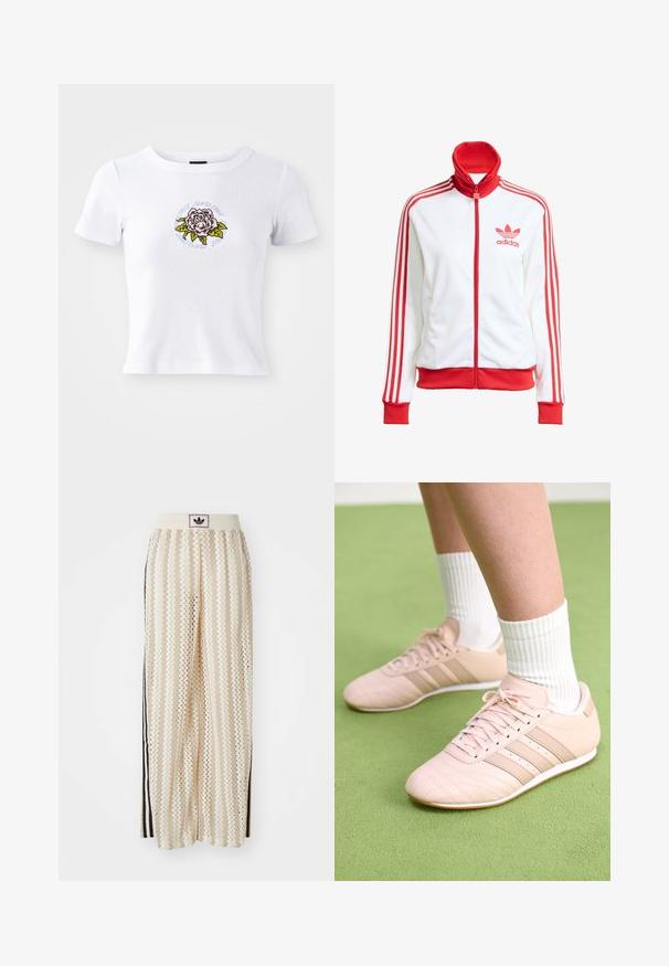 White track jacket with red accents, full zip, high collar, three red stripes on sleeves, and embroidered red Adidas logo on the chest.; White short-sleeve t-shirt with fitted design, featuring a centered embroidered rose graphic and circular text around the flower.; Cream-colored wide-leg pants with a zigzag pattern, featuring a black logo waistband and side black stripes. Lightweight, textured fabric.; Light pink athletic shoes with diagonal stitching, white soles, and three lateral stripes. Worn with ribbed white socks on green surface.