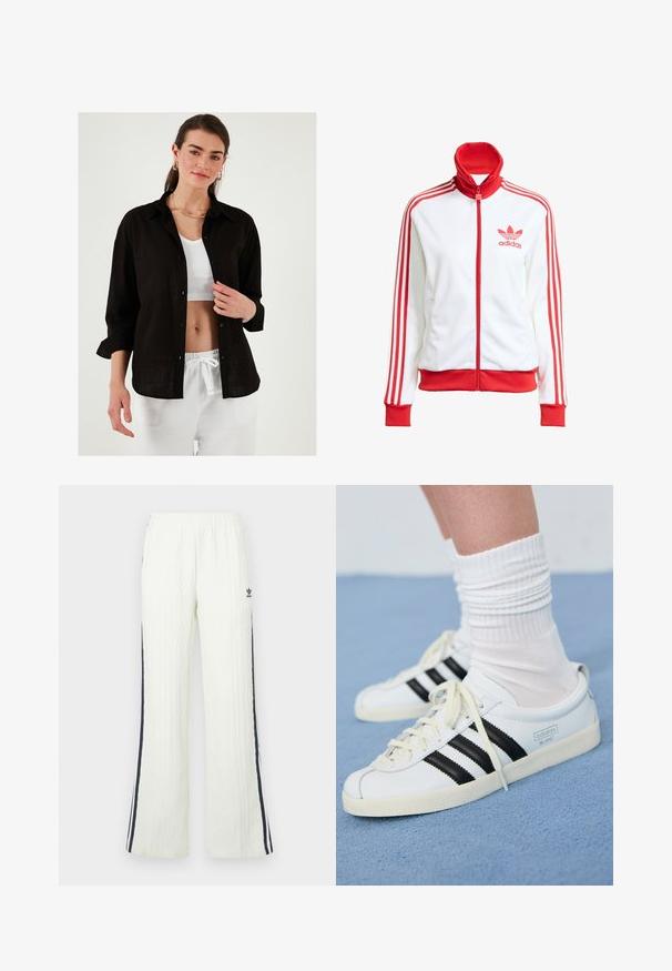 Bijela sportska jakna s crvenim detaljima, puna zatvarač, visoki ovratnik, tri crvene pruge na rukavima i vezeni crveni Adidas logo na prsima.; Crna lanena košulja opuštenog kroja, s gumbima na prednjem dijelu i sako rukavima, složena preko bijele rebraste majice. Bijele hlače s vezicom.; Svijetlo kremaste pletene hlače s kabelskim uzorkom i širokim krojem. Imaju tamnoplave bočne pruge i Adidas logo na kukovima. Elastični pojas.; Bijele kožne tenisice s crnim prugama, kremasto bijela potplat i svijetle vezice. Nosi se s bijelim rebrastim čarapama, postavljeno na plavoj pozadini.