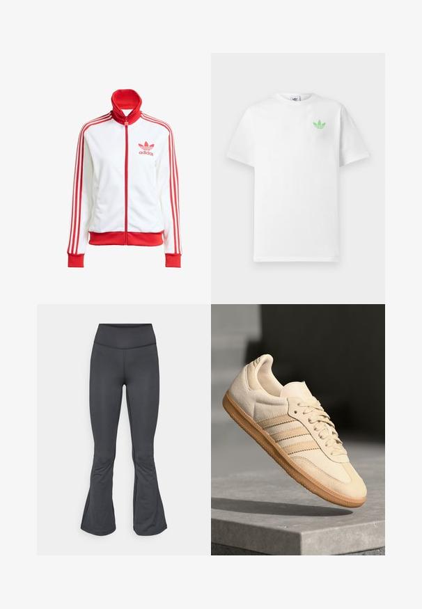 Witte sportjack met rode accenten, volledige rits, hoge kraag, drie rode strepen op de mouwen en geborduurd rood Adidas-logo op de borst.; Witte katoenen t-shirt met korte mouwen, met een klein groen Adidas-logo op de linkerkant van de borst. Eenvoudig, klassiek ontwerp met een ronde hals.; Grijze legging met een uitlopende onderkant, gemaakt van gladde, rekbare stof, met een hoge taille en naadloze constructie.; Lichtbeige suède sneaker met een gumrubberen buitenzool, drie diagonale strepen en een textuur op de neus. Voorzien van een logo op de tong en de zijkant.