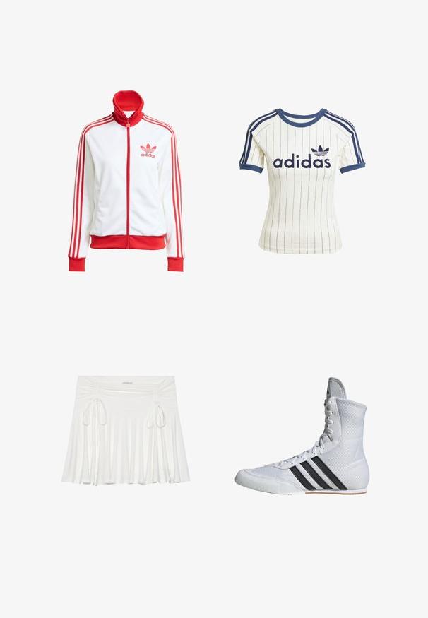 Veste de piste blanche avec des accents rouges, zip intégral, col haut, trois bandes rouges sur les manches et logo Adidas rouge brodé sur la poitrine.; T-shirt Adidas à rayures blanches avec des accents bleu marine, dotée d'un col rond, de manches raglan courtes et d'un bold "adidas" logo à l'avant.; Jupe évasée blanche en tissu doux, avec des détails froncés sur les côtés et des liens ajustables, créant une silhouette fluide.; Baskets blanches avec cheville haute, tige en mesh et trois rayures noires. Présentent un renfort à l'avant du pied et une semelle texturée.