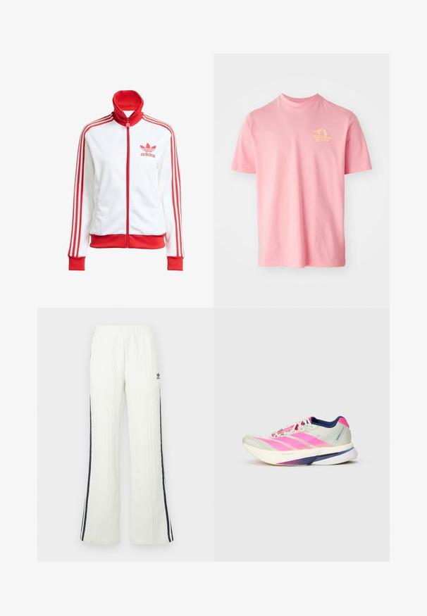 Biała kurtka sportowa z czerwonymi akcentami, na zamek błyskawiczny, wysoki kołnierz, trzy czerwone paski na rękawach oraz haftowane czerwone logo Adidas na piersi.; Różowa koszulka z krótkim rękawem wykonana z mieszanki bawełny, z żółtą grafiką na górnej lewej części klatki piersiowej z motywem żaglówki. Okrągły dekolt.; Jasnokremowe, dzianinowe spodnie z splotem warkoczowym o rozszerzanym kroju. Posiadają granatowe paski po bokach oraz logo Adidas na biodrze. Elastyczna talia.; Buty biegowe z lekką siateczkową cholewką w jasnym zielonym kolorze z różowymi paskami, fioletowymi akcentami oraz grubą białą podeszwą oznaczoną "LIGHTSTRIKE PRO."